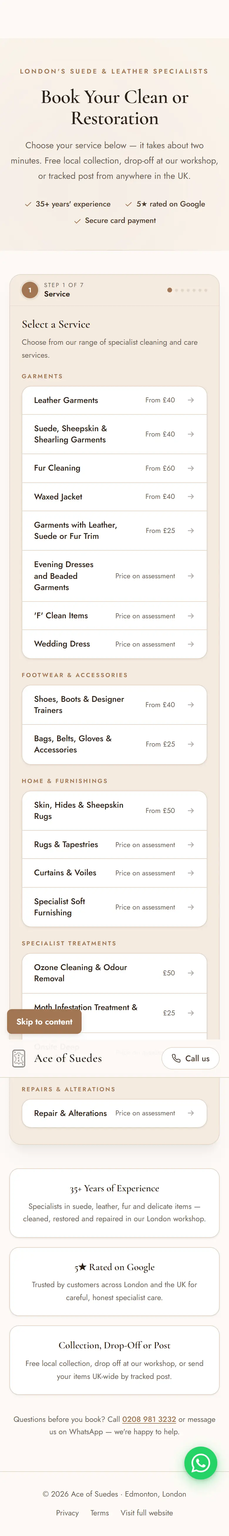Ace of Suedes website on a phone, booking page