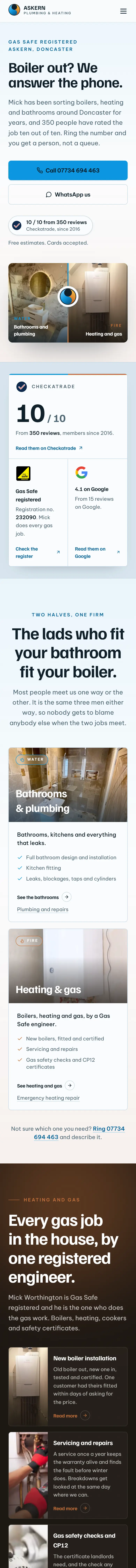 Askern Plumbing & Heating website on a phone, home page