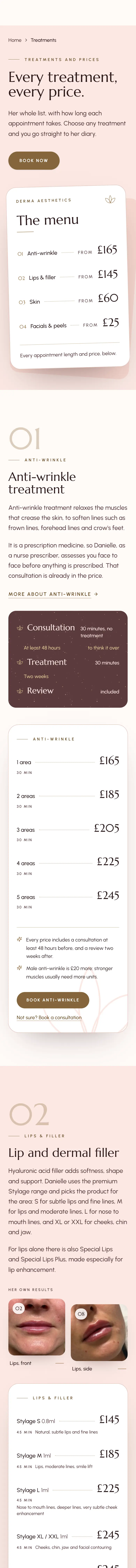 Derma Aesthetics website on a phone, treatments page