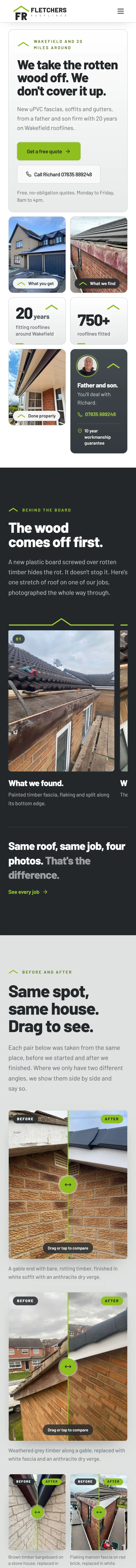 Fletchers Rooflines website on a phone, home page