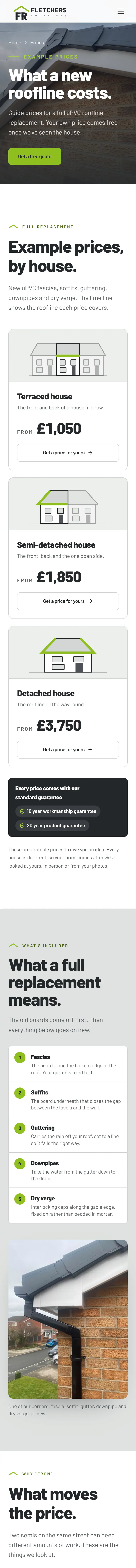 Fletchers Rooflines website on a phone, prices page