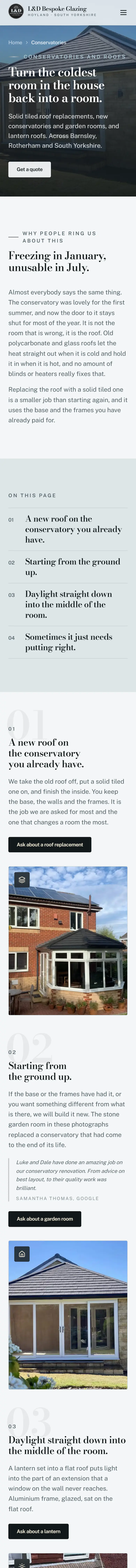 L&D Bespoke Glazing website on a phone, conservatories page